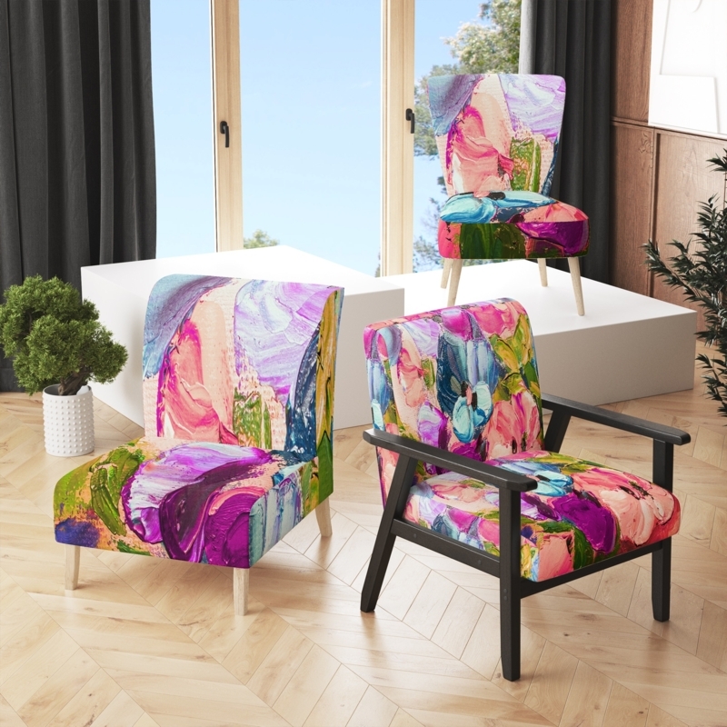 Armchair Pink Purple Floral with Sloping Arms and Wood Legs