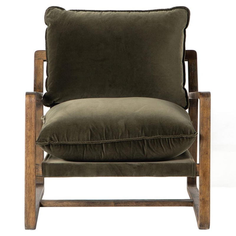 Armchair Rustic Lodge Horizontal Slat Back Moss Green Upholstery Wood