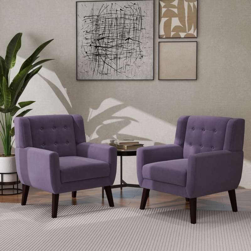 Armchair Set Velvet Button Tufted Splayed Wooden Legs Mid-Century Retro