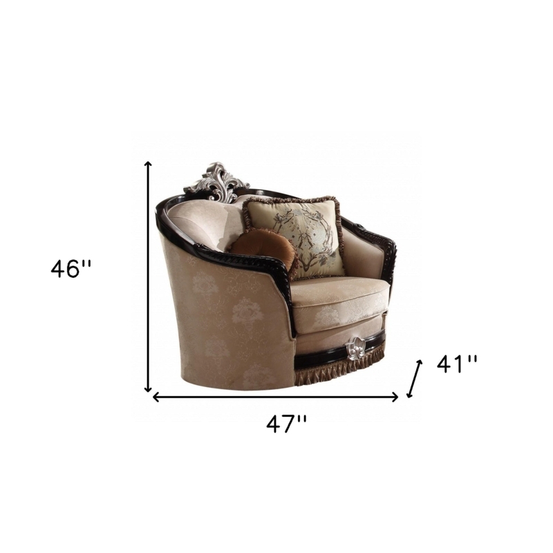 Armchair Tan Damask with Ornate Black Carved Frame and Rolled Arms