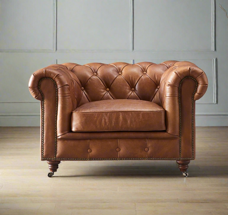 Armchair Traditional Chesterfield Bark Brown Leather-Like Button Tufting
