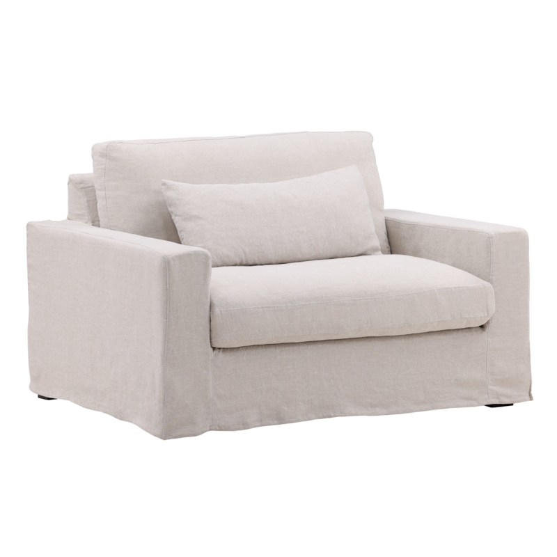 Armchair with Bench Seat and Low Profile in Cream Linen-Like Fabric