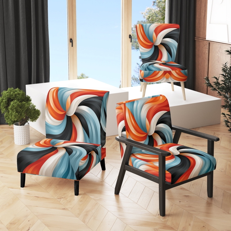 Armless Accent Chair Multicolor Abstract Spiral Pattern Flared Legs