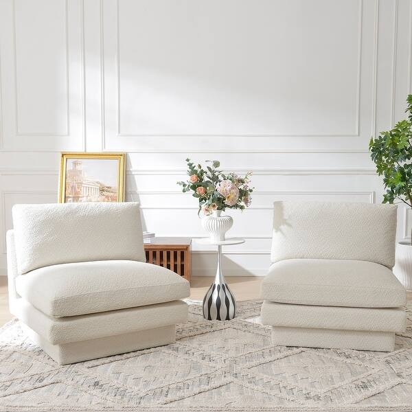 Armless Accent Chairs Boucle Cream Overstuffed, Modern Minimalist Lounge.