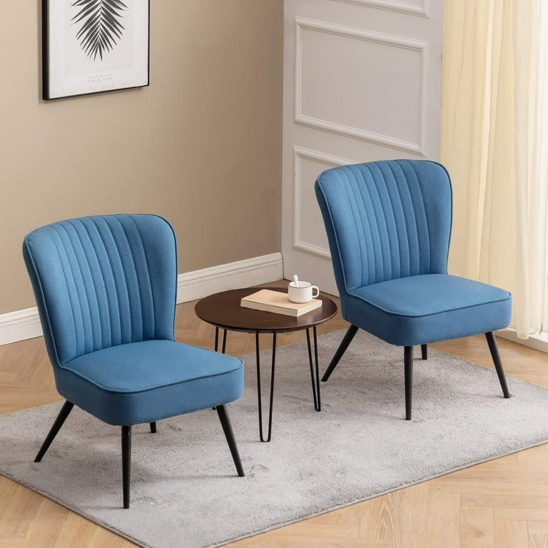Armless Accent Chairs Set: Navy Blue Velvet with Button Tufting Detail