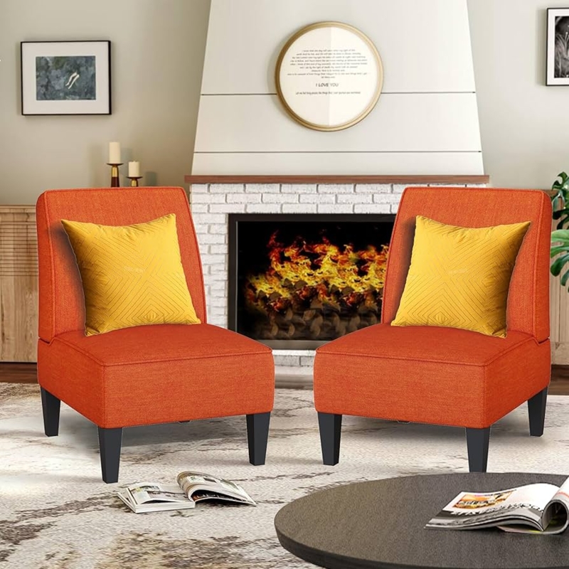 Armless Accent Chairs Set: Vibrant Orange Boucle Fabric and Wood Legs