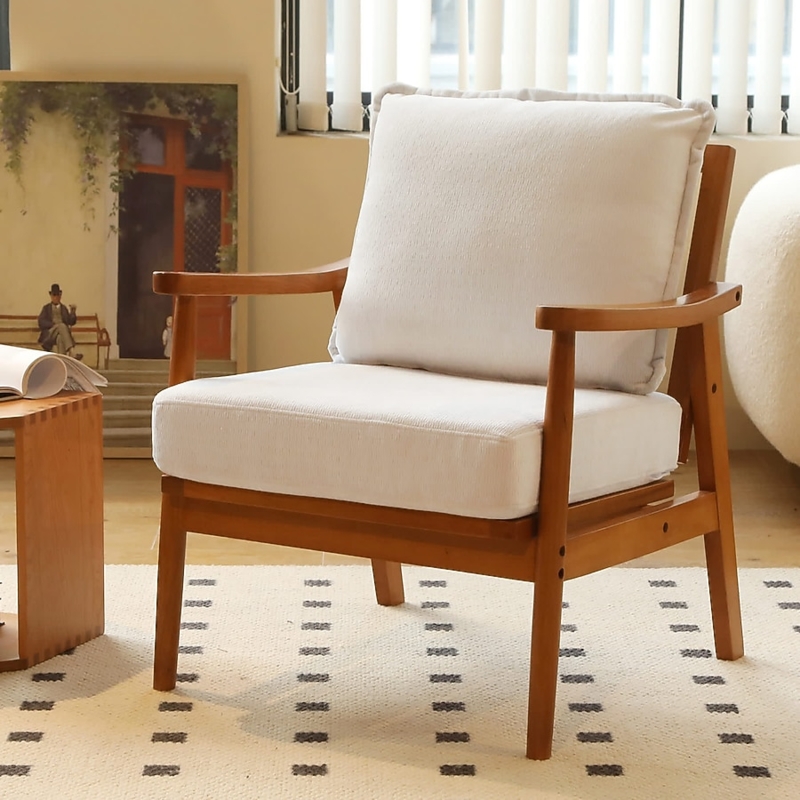 Armless Chair: White Boucle Upholstery with Light Wood Open Frame