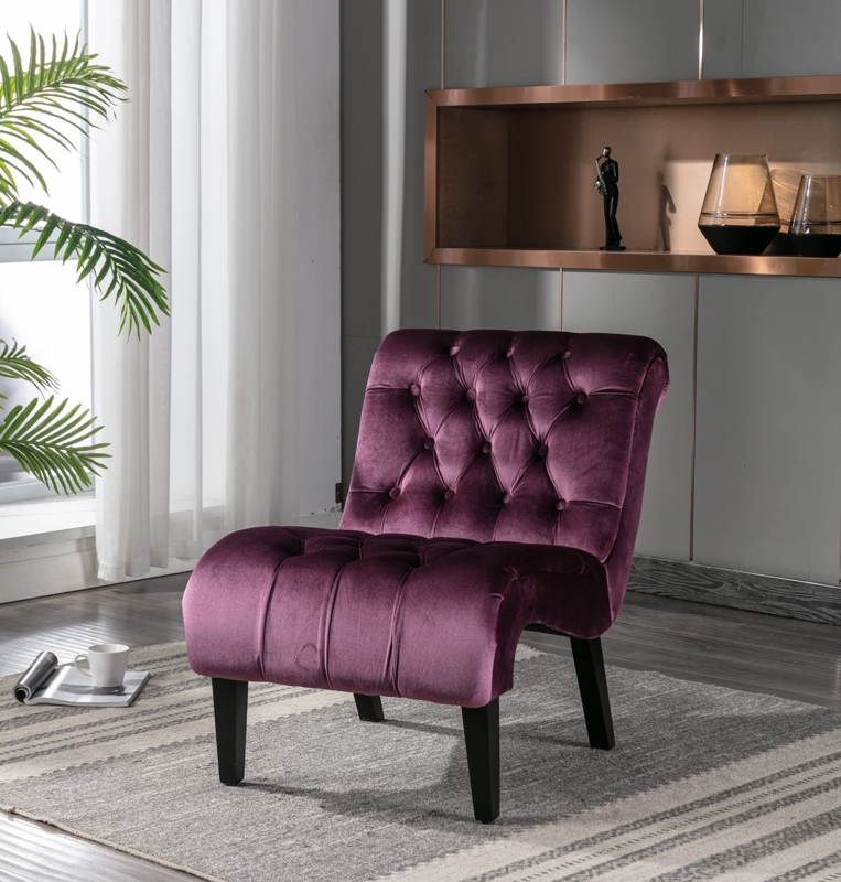 Armless Lounger Button Tufted Velvet Chair with Rolled Back Design