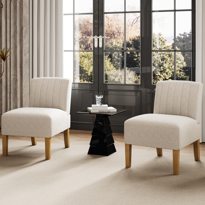 Armless Slipper Chair Pair: Button Tufted Beige Linen Fabric Seating