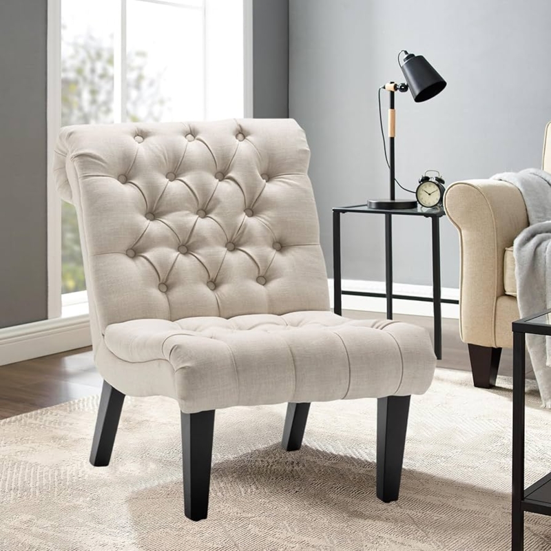 Armless Slipper Chair with Button Tufting and Tapered Wood Legs
