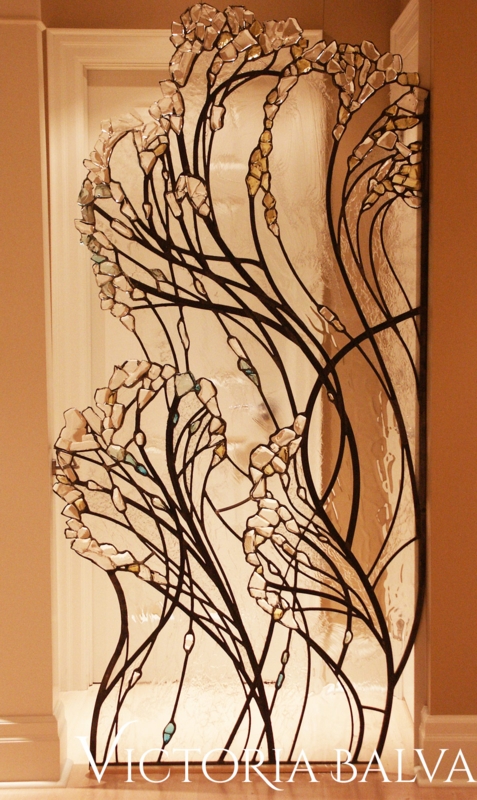 Art Glass Room Divider Fused Glass Rocks Branching Leaded Lines