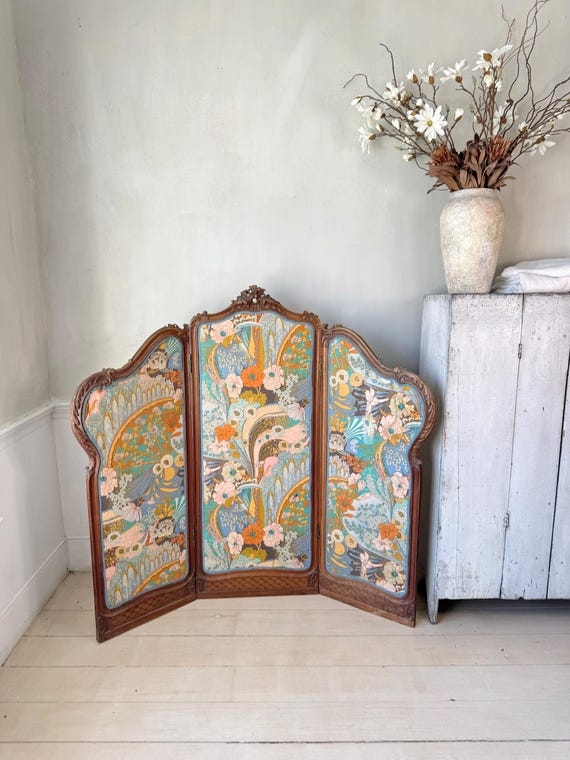Art Nouveau Room Divider with Teal Floral Fabric and Carved Crest