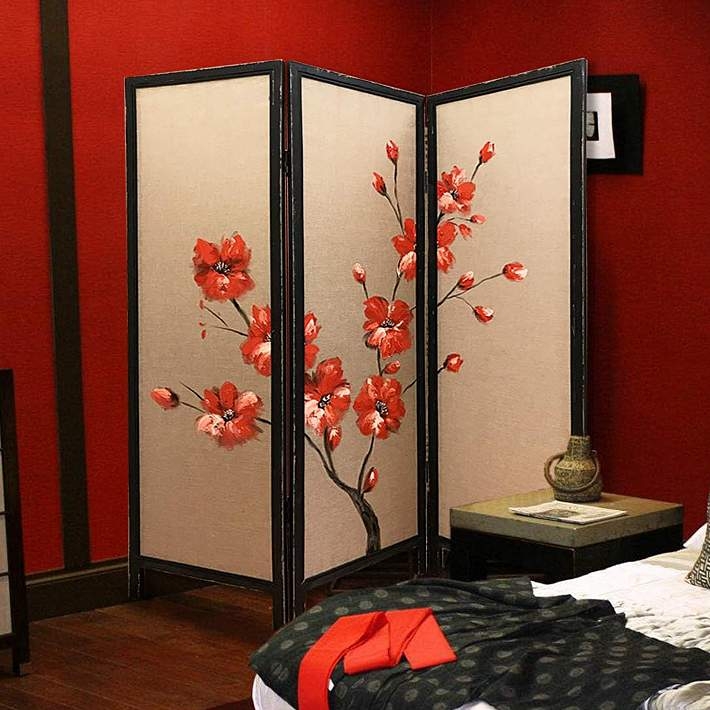 Artistic Red Poppy Folding Room Divider, 3-Panel Floral Screen