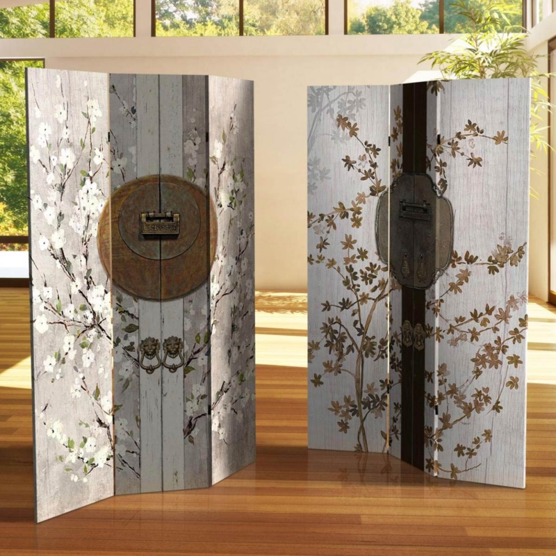 Asian Lock Room Divider Floral Canvas Chinoiserie Folding Screen