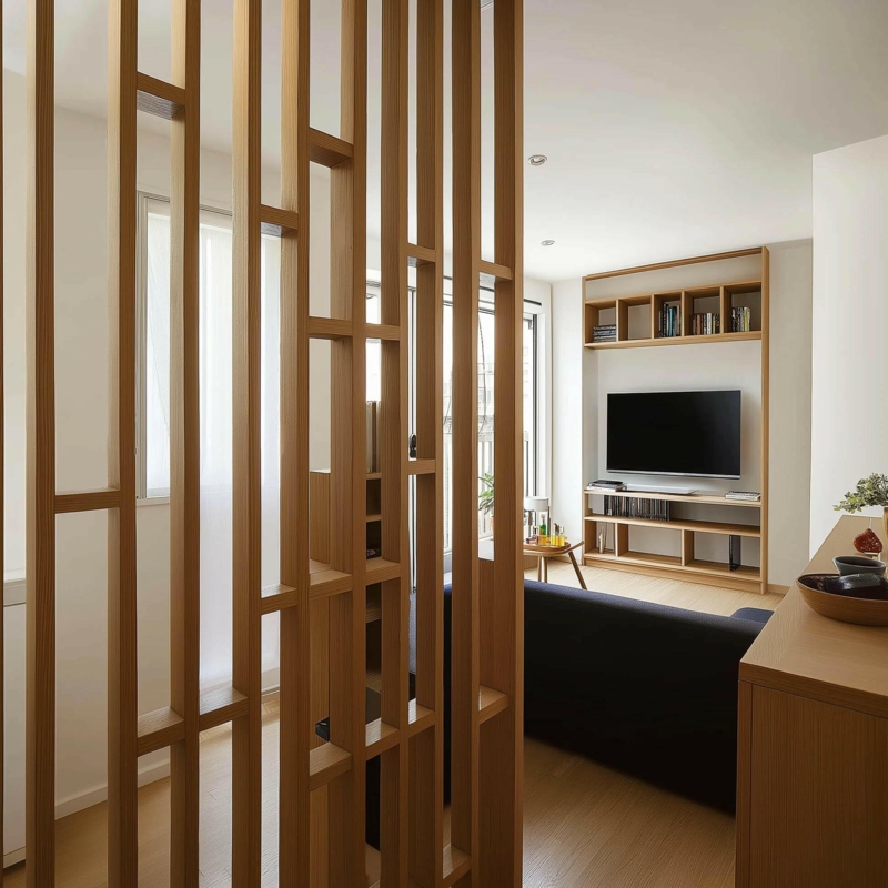 Asymmetrical Slatted Wood Partition, Architectural Room Divider Wall