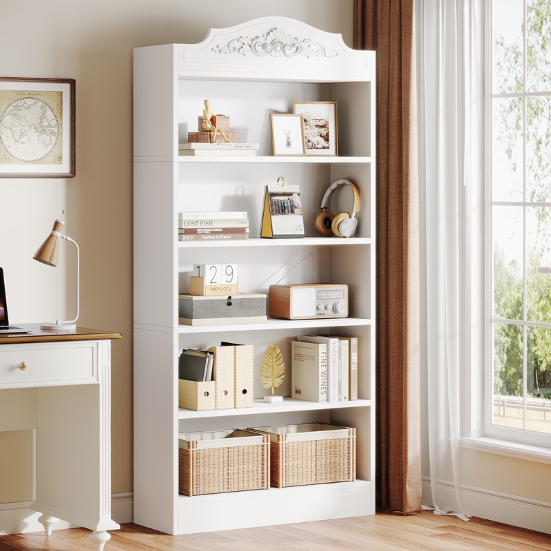 Asymmetrical Staircase Bookshelf White Five Tier Geometric Bookcase