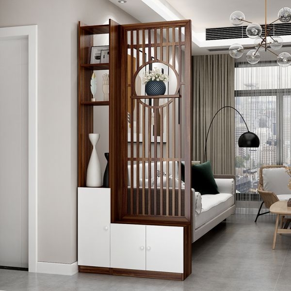 Auburn Wood Room Divider with Circular Display Niche and Base Cabinets