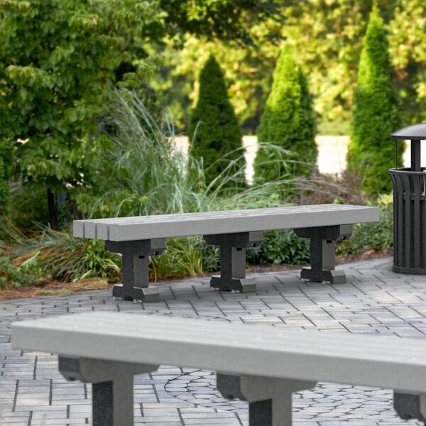Backless Bench Commercial Heavy Duty Black Legs Slatted Gray Top
