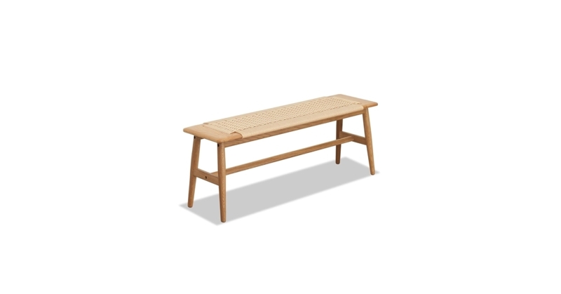 Backless Bench Light Oak Finish Woven Rattan Seat Minimalist