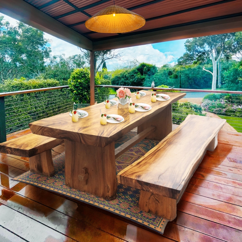 Backless Bench Live Edge Wood Slab with Matching Slab Legs Organic
