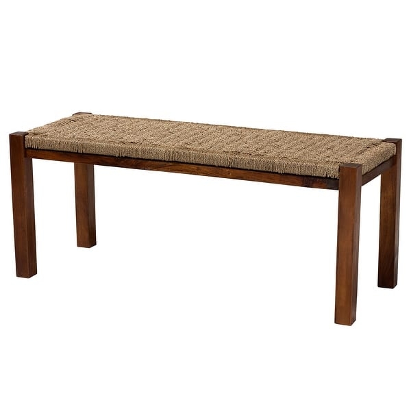 Backless Bench Natural Seagrass Walnut Finish H-Stretcher Base