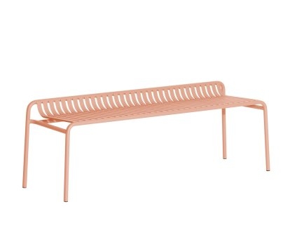 Backless Bench with Slatted Seat and Curved Legs in Blush Metal