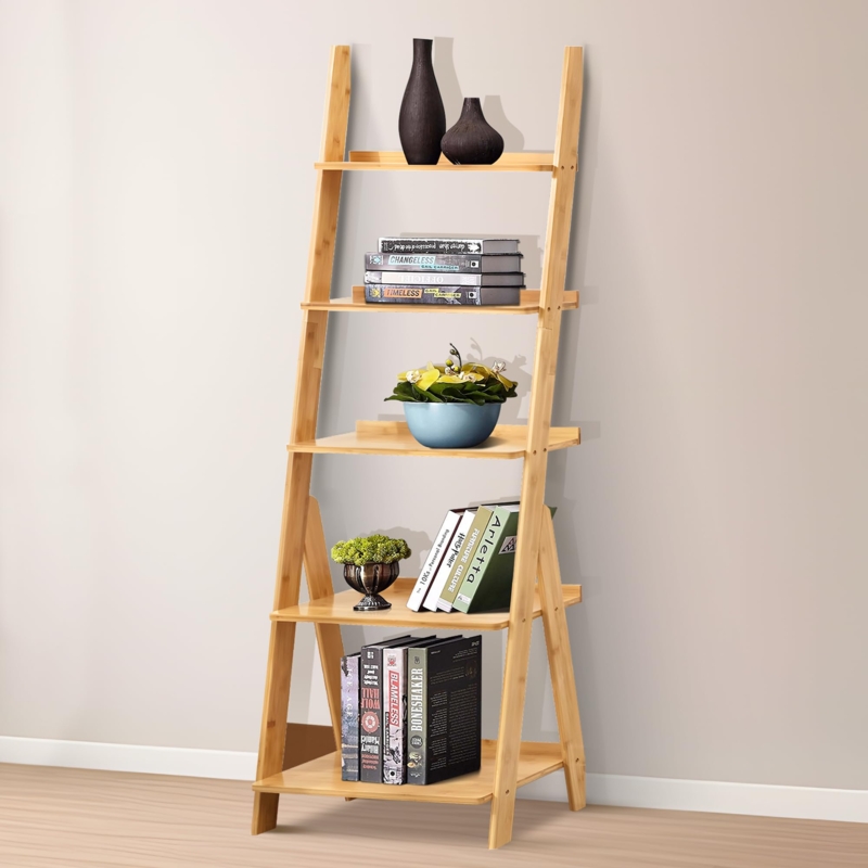 Bamboo Ladder Shelf Freestanding Trapezoid Five Tier Plant Stand
