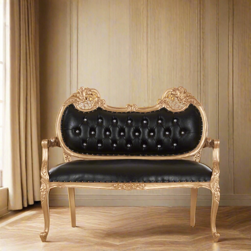 Baroque Settee Bench with Ornate Floral Carvings and Black Tufting