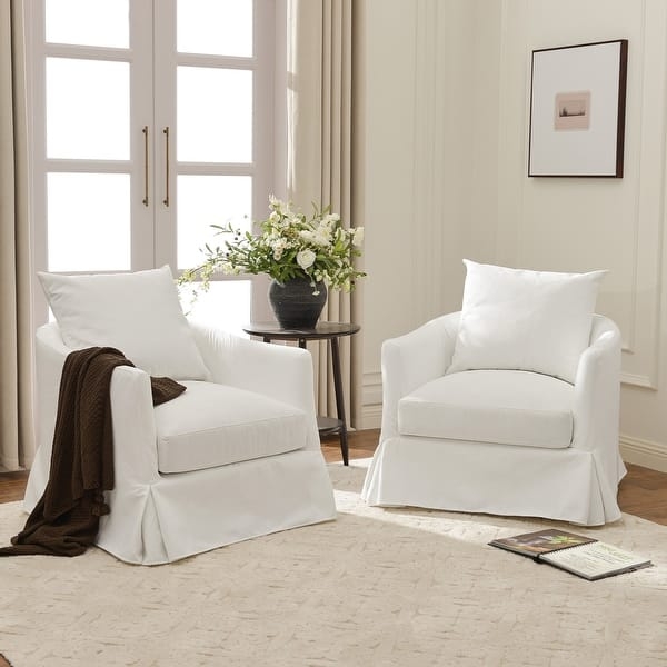Barrel Accent Chair Coastal Slipcovered Off-White, Airy Living Room Seating.