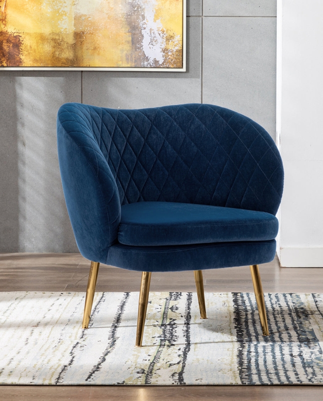 Barrel Accent Chair Deep Blue Velvet Vertical Padded Gold Legs