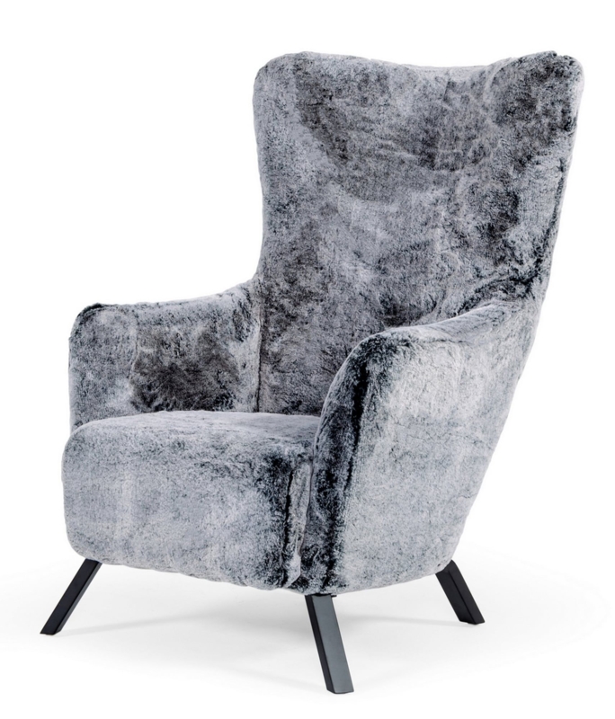 Barrel Accent Chair Grey Shaggy Faux Fur Polished Gold Base