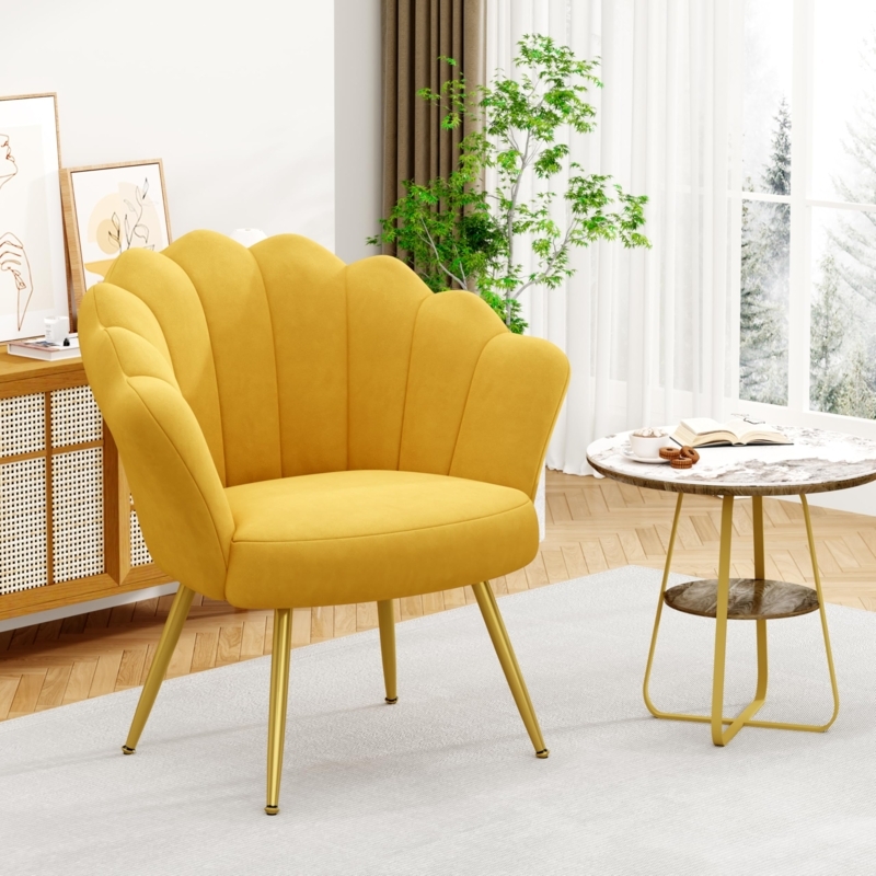 Barrel Accent Chair in Mustard Velvet with Gold Tapered Legs
