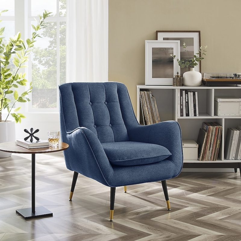 Barrel Accent Chair, Navy Blue Velvet-Like with Channel Tufting