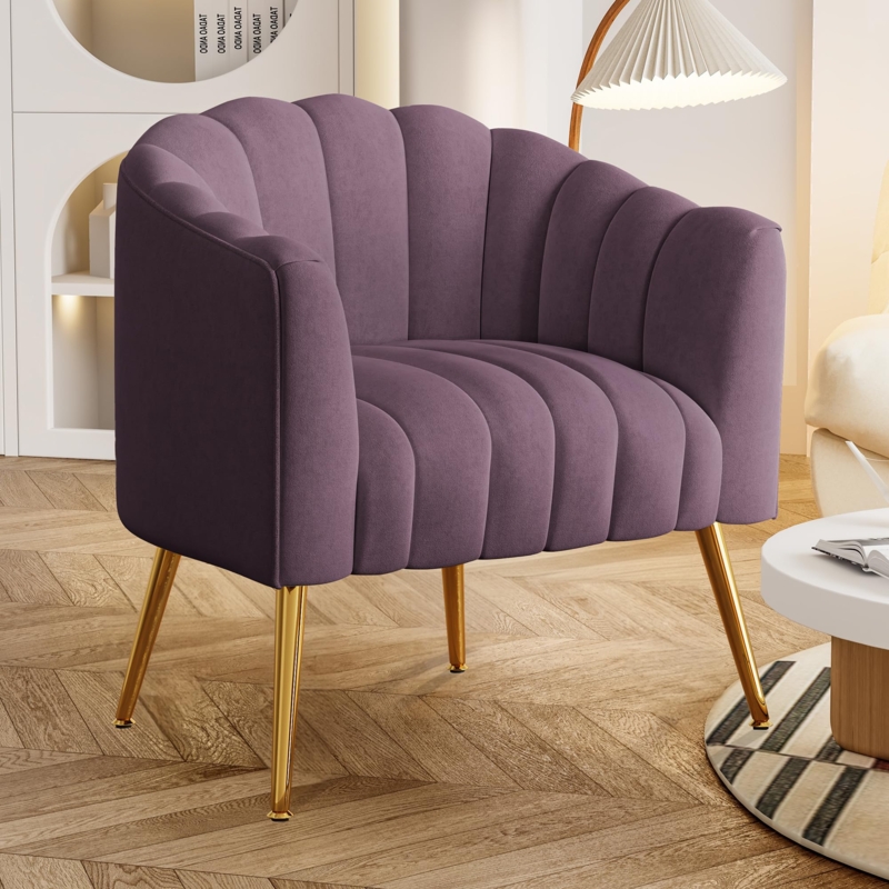 Barrel Accent Chair Plum Velvet Oversized Pumpkin Shape Channel Tufted