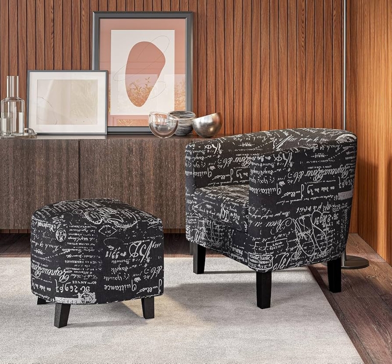 Barrel Accent Chair Set, Vintage French Script Pattern with Curved Back