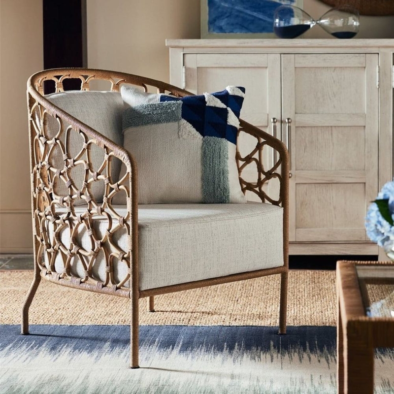 Barrel Accent Chair Textured Pebble Fabric Back Cutout Coastal Style