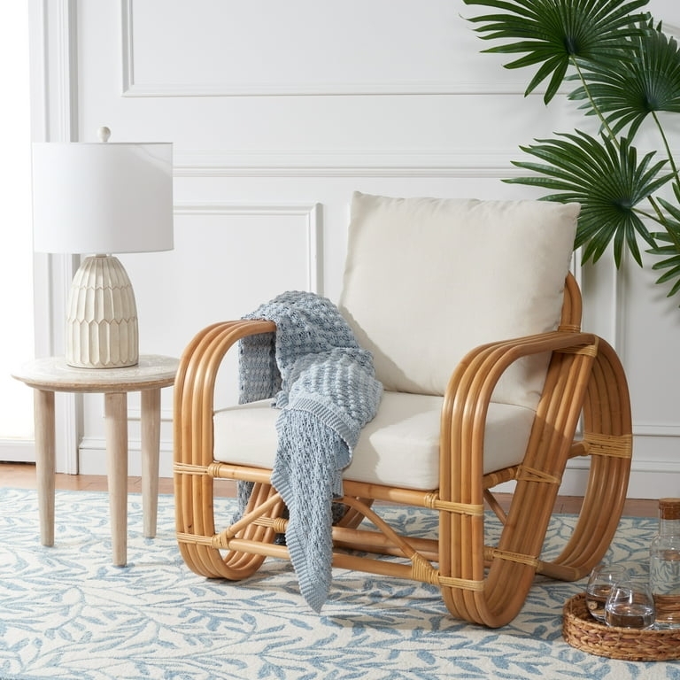 Barrel Accent Chair with Woven Cane Panels and White Cushions