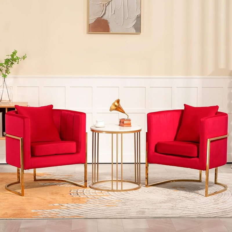 Barrel Accent Chairs Rose Red Velvet Set of Two Gold Legs