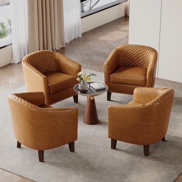 Barrel Accent Chairs Set Sage Green Faux Leather Wood Legs