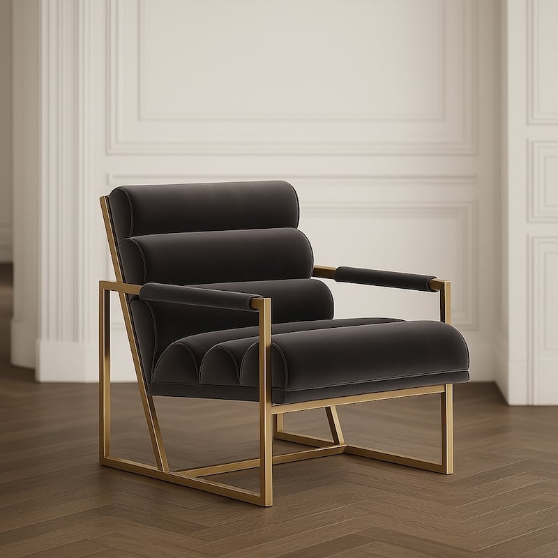 Barrel Back Accent Chair in Charcoal Grey with Gold Toned Frame