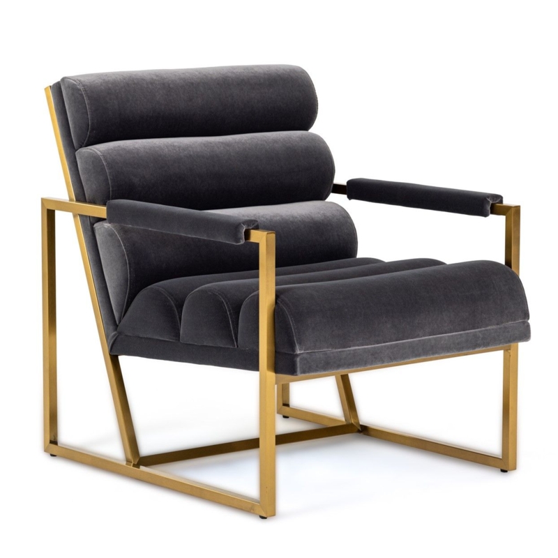 Barrel Back Accent Chair with Grey Velvet and Gold Toned Legs