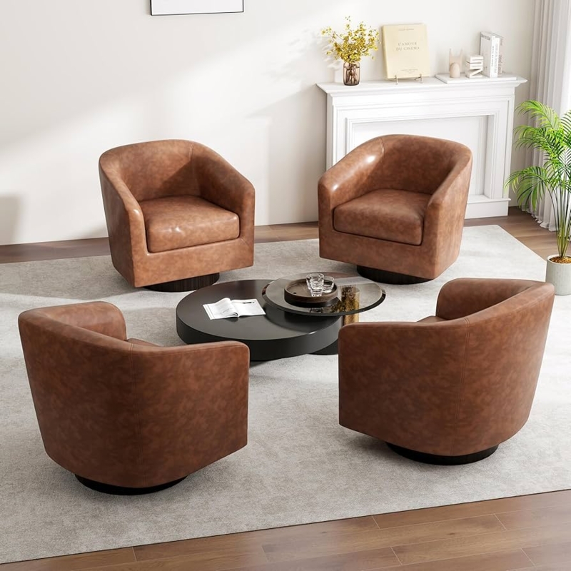 Barrel Chair Swivel Base Coffee Brown Faux Leather Seating