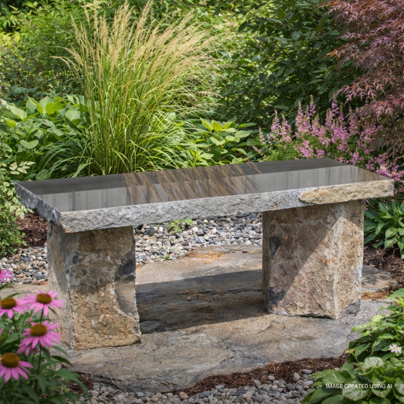 Basalt Stone Bench Pillar Supports Polished Seat Minimalist Zen