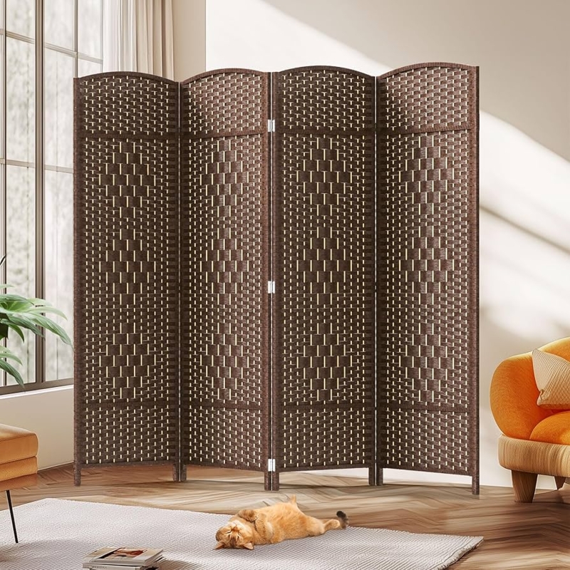 Basketweave Room Divider 4-Panel Arched Top Dark Brown Screen