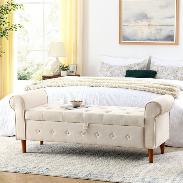 Bedroom Bench 62 Inch Beige Rolled Arm Tufted Linen Like Fabric
