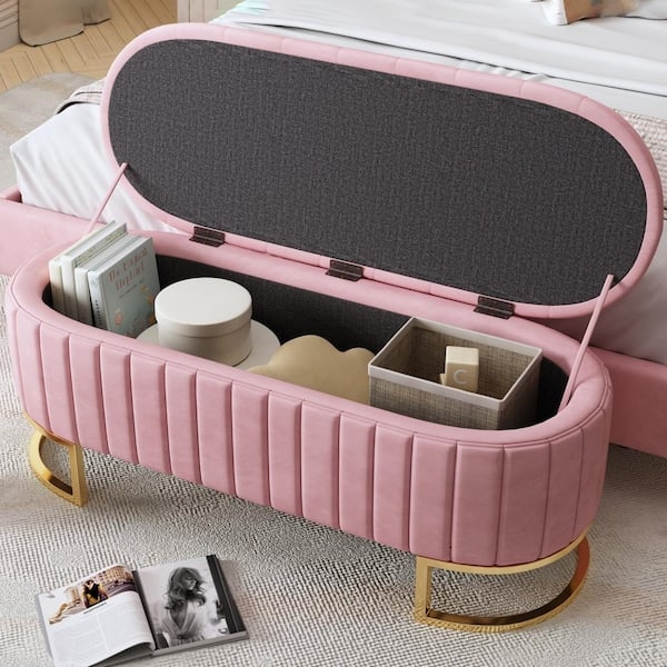 Bedroom Bench Blush Velvet Button Tufted Flip Top Gold Tapered Legs