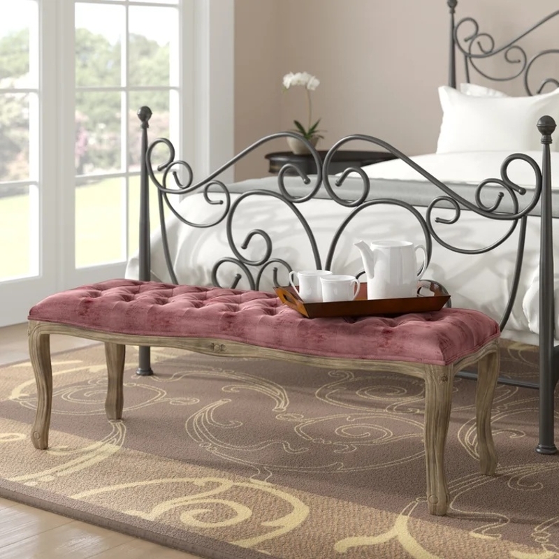 Bedroom Bench, Cabriole Legs and Tufted Seat in Blush, French Style