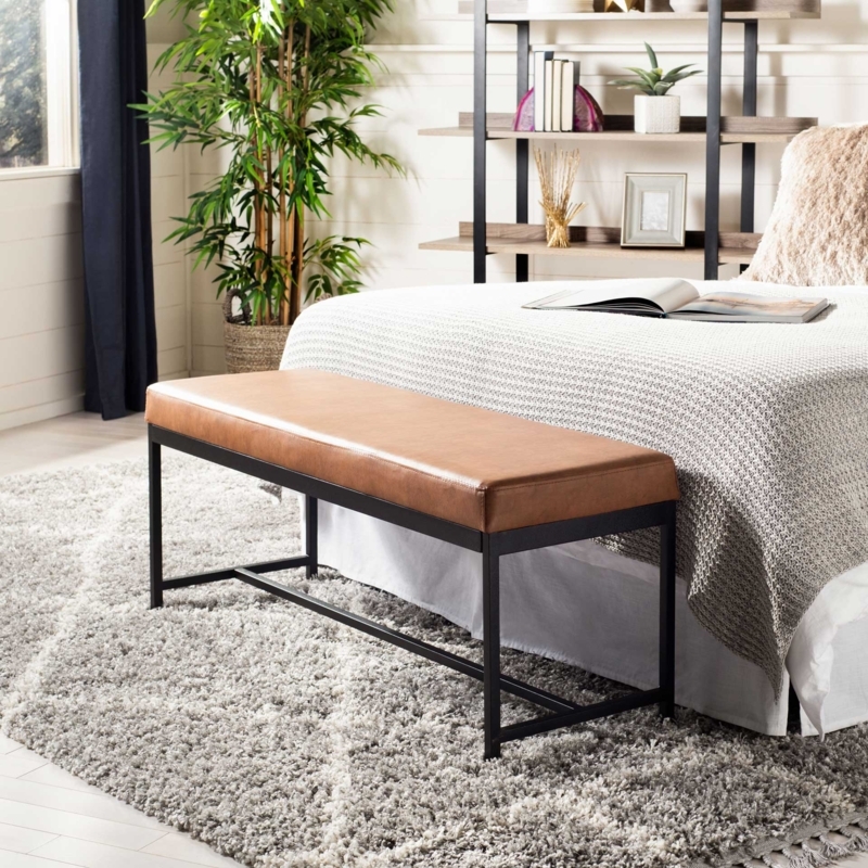 Bedroom Bench Cognac Faux Leather Black Metal Box Frame Minimalist