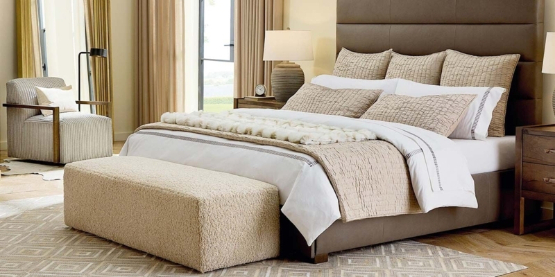 Bedroom Bench Cream Boucle Texture Block Base, Boucle Bedroom Bench Styling.
