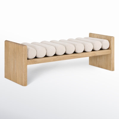 Bedroom Bench Cream Boucle Texture Curved Ends Dark Wood Frame